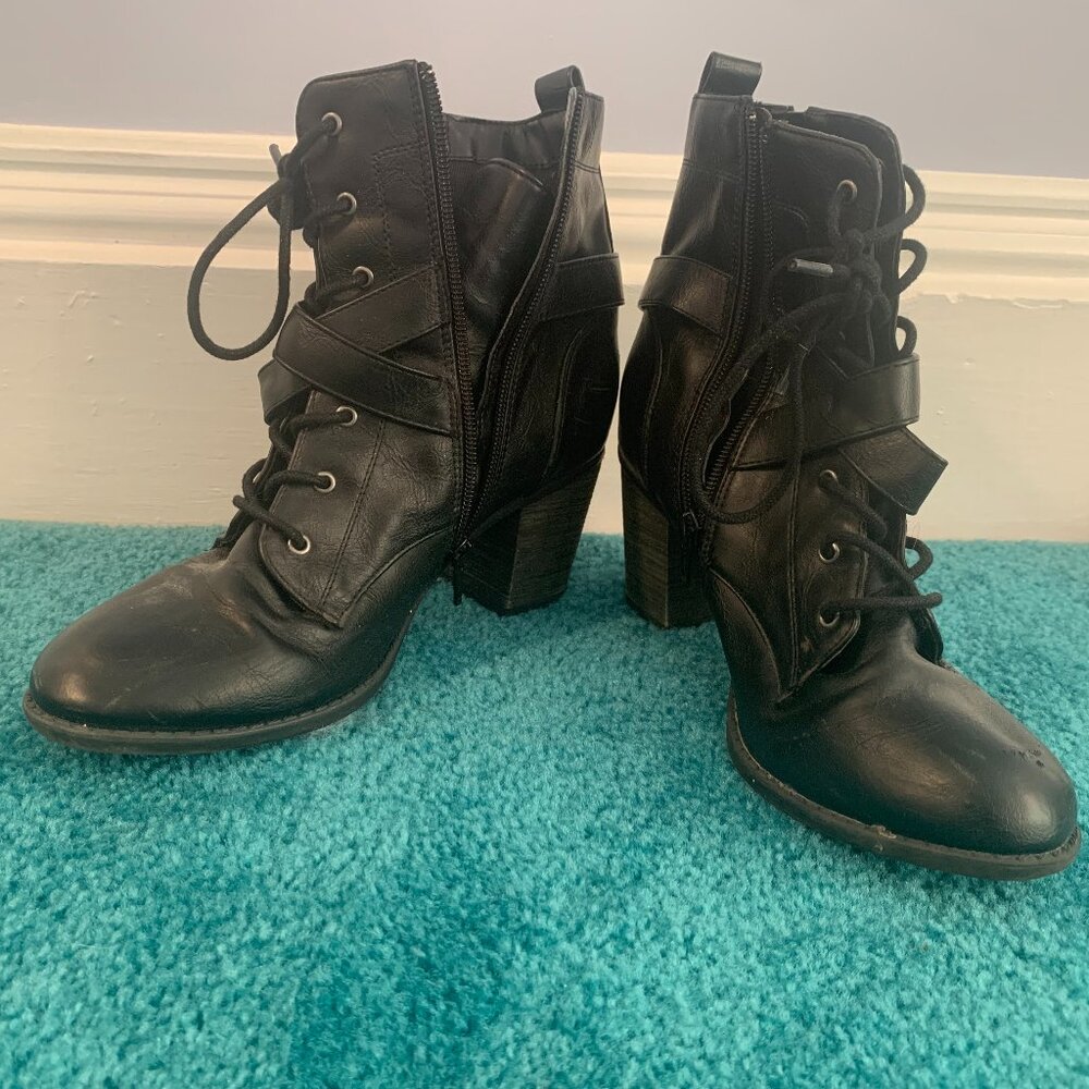 Black Block Heel Booties with Buckles